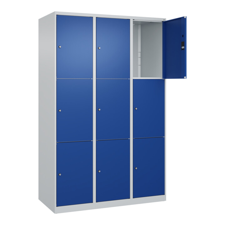 C+P Schließfachschrank Classic PLUS, 3 Abteile, 1850x1200x500mm, 7035/5010 Innenhöhe Gefach oben (oberes 599 mm Front RAL 5010 Enzianblau