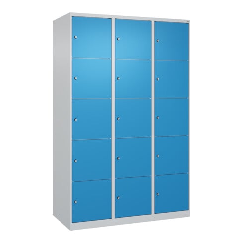 C+P Schließfachschrank Classic PLUS, 3 Abteile, 1850x1200x500mm, 7035/5012 Innenhöhe Gefach oben (oberes 365 mm Front RAL 5012 Lichtblau