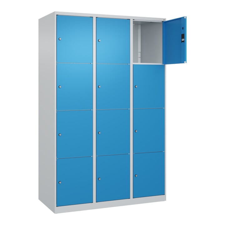 C+P Schließfachschrank Classic PLUS, 3 Abteile, 1850x1200x500mm, 7035/5012 Innenhöhe Gefach oben (oberes 453 mm Front RAL 5012 Lichtblau
