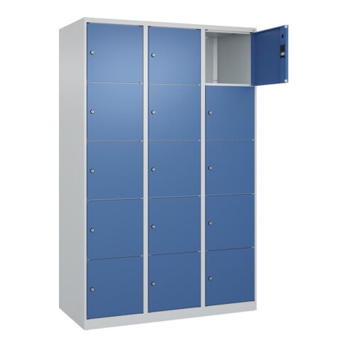 C+P Schließfachschrank Classic PLUS, 3 Abteile, 1850x1200x500mm, 7035/5023 Innenhöhe Gefach oben (oberes 365 mm Front RAL 5023 Fernblau