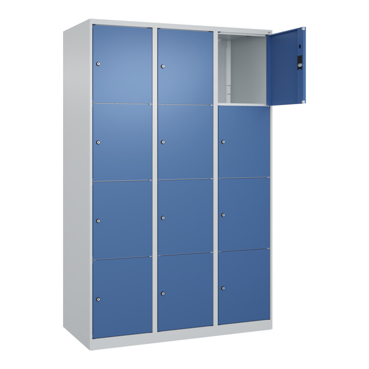 C+P Schließfachschrank Classic PLUS, 3 Abteile, 1850x1200x500mm, 7035/5023 Innenhöhe Gefach oben (oberes 453 mm Front RAL 5023 Fernblau