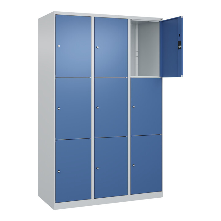 C+P Schließfachschrank Classic PLUS, 3 Abteile, 1850x1200x500mm, 7035/5023 Innenhöhe Gefach oben (oberes 599 mm Front RAL 5023 Fernblau