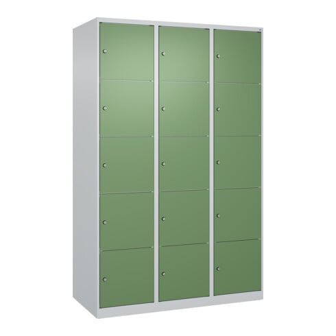 C+P Schließfachschrank Classic PLUS, 3 Abteile, 1850x1200x500mm, 7035/6011 Innenhöhe Gefach oben (oberes 365 mm Front RAL 6011 Resedagrün