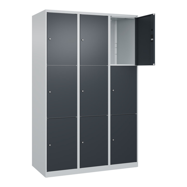 C+P Schließfachschrank Classic PLUS, 3 Abteile, 1850x1200x500mm, 7035/7016 Innenhöhe Gefach oben (oberes 599 mm Front RAL 7016 Anthrazitgrau