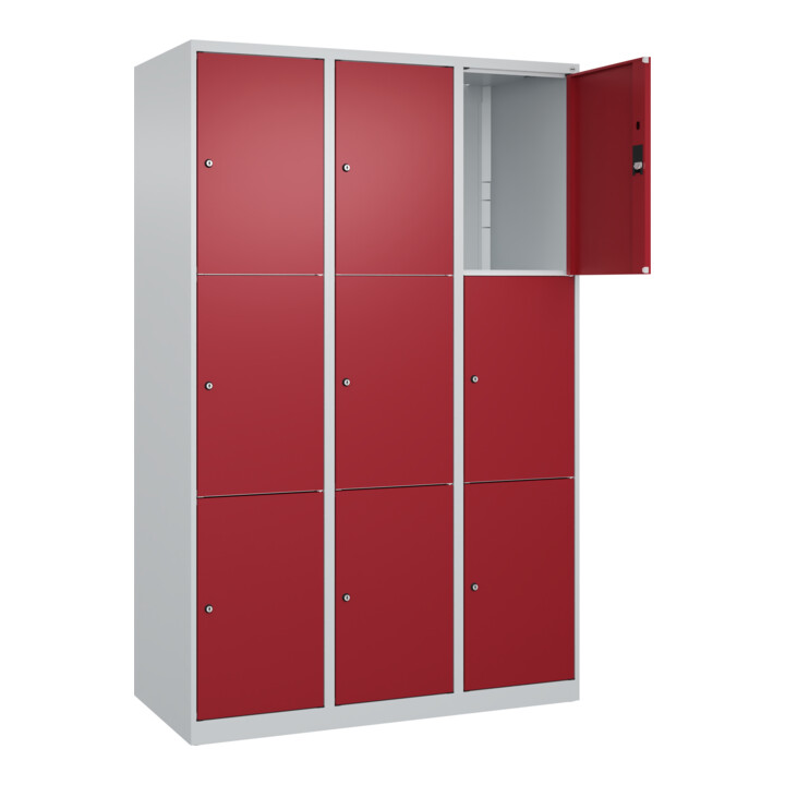 C+P Schließfachschrank Classic PLUS, 3 Abteile, 1850x1200x500mm, 7035/7035 Innenhöhe Gefach oben (oberes 599 mm Front RAL 3003 Rubinrot