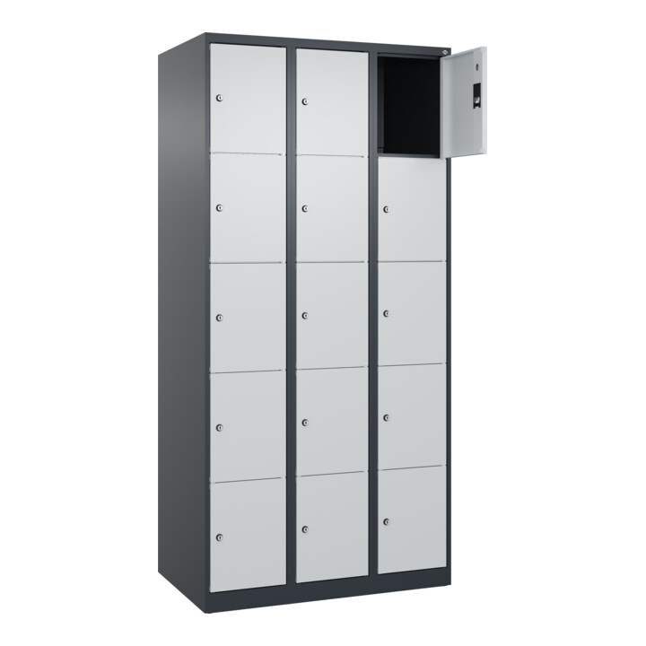 C+P Schließfachschrank Classic PLUS, 3 Abteile, 1850x900x500mm, 7016/7035 Innenhöhe Gefach oben (oberes 365 mm Front RAL 7035 Lichtgrau