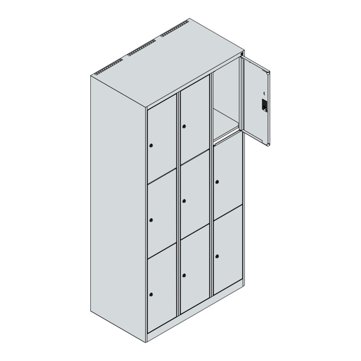 C+P Schließfachschrank Classic PLUS, 3 Abteile, 1850x900x500mm, 7035/0024 Innenhöhe Gefach oben (oberes 599 mm Front 1108060 RDS Viridingrün