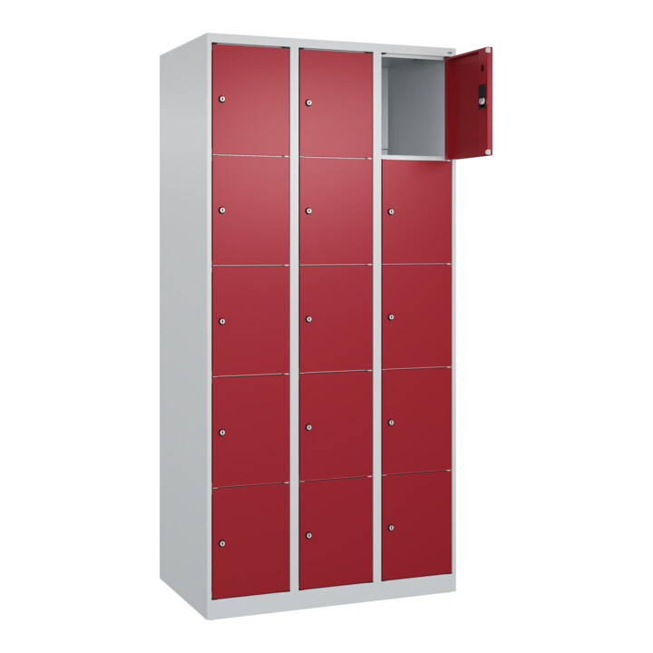 C+P Schließfachschrank Classic PLUS, 3 Abteile, 1850x900x500mm, 7035/3003 Innenhöhe Gefach oben (oberes 365 mm Front RAL 3003 Rubinrot