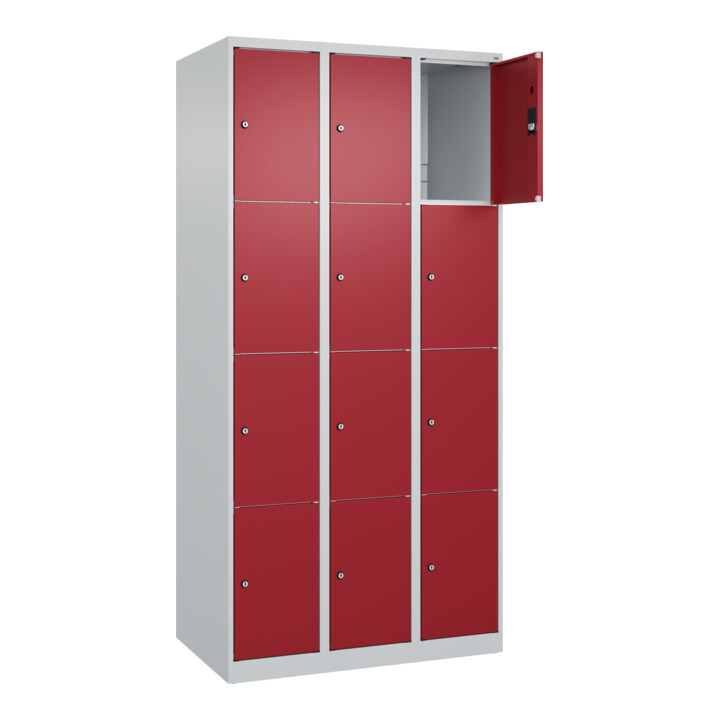 C+P Schließfachschrank Classic PLUS, 3 Abteile, 1850x900x500mm, 7035/3003 Innenhöhe Gefach oben (oberes 453 mm Front RAL 3003 Rubinrot