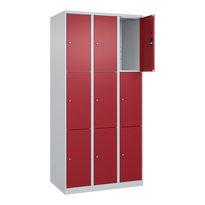 C+P Schließfachschrank Classic PLUS, 3 Abteile, 1850x900x500mm, 7035/3003 Innenhöhe Gefach oben (oberes 599 mm Front RAL 3003 Rubinrot