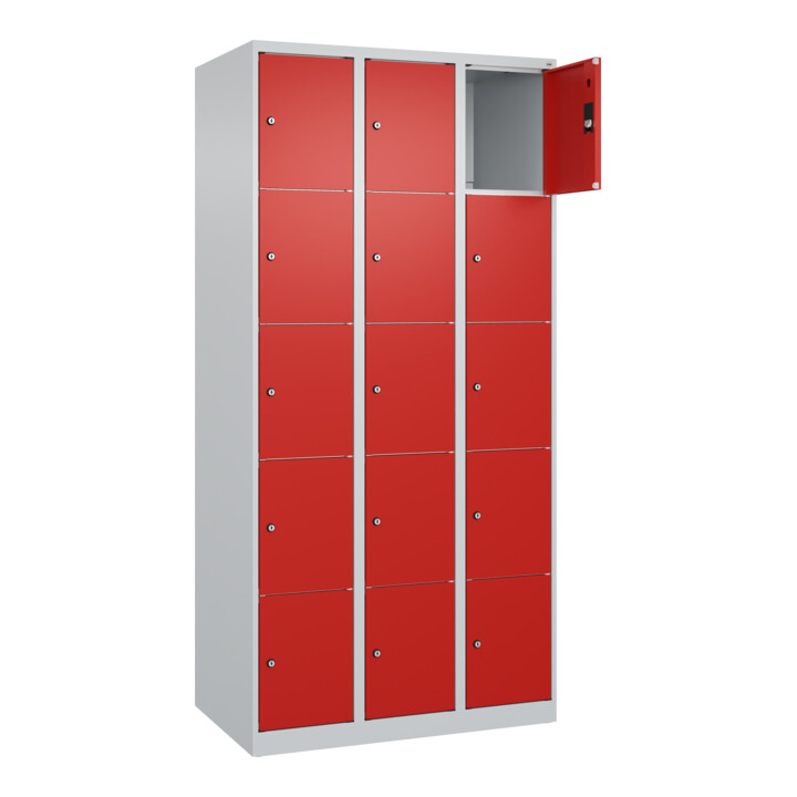 C+P Schließfachschrank Classic PLUS, 3 Abteile, 1850x900x500mm, 7035/3020 Innenhöhe Gefach oben (oberes 365 mm Front RAL 3020 Verkehrsrot