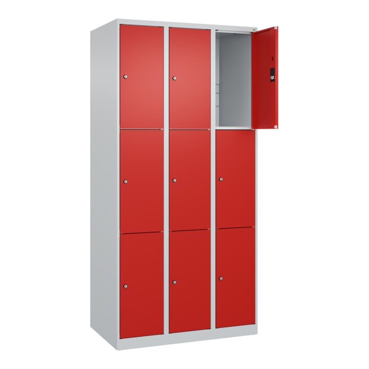 C+P Schließfachschrank Classic PLUS, 3 Abteile, 1850x900x500mm, 7035/3020 Innenhöhe Gefach oben (oberes 599 mm Front RAL 3020 Verkehrsrot