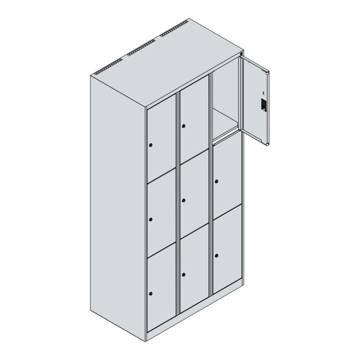 C+P Schließfachschrank Classic PLUS, 3 Abteile, 1850x900x500mm, 7035/3020 Innenhöhe Gefach oben (oberes 599 mm Front RAL 3020 Verkehrsrot