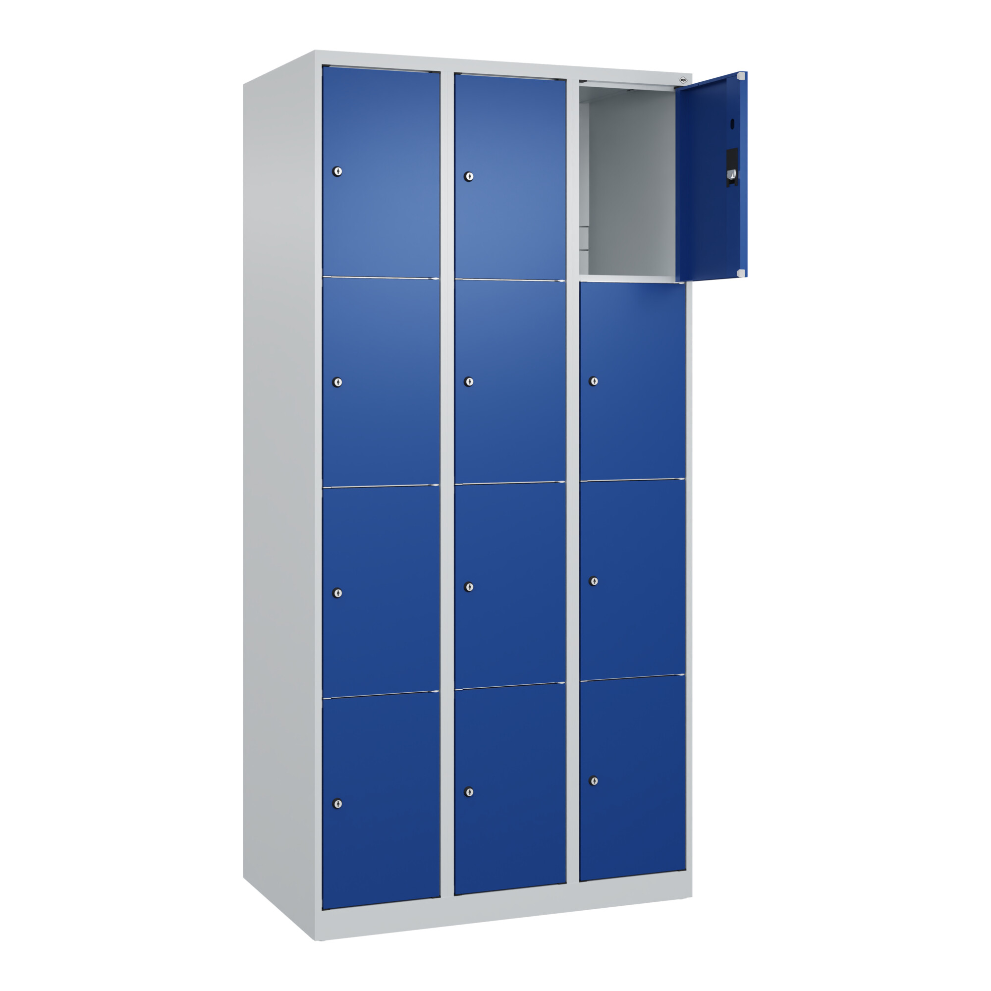 C+P Schließfachschrank Classic PLUS, 3 Abteile, 1850x900x500mm, 7035/5010 Innenhöhe Gefach oben (oberes 453 mm Front RAL 5010 Enzianblau ; C + P Möbel