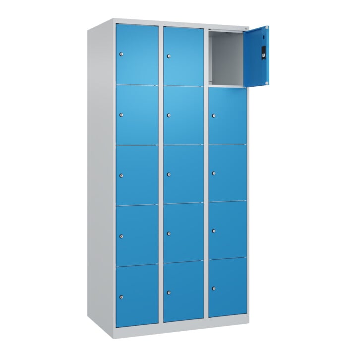 C+P Schließfachschrank Classic PLUS, 3 Abteile, 1850x900x500mm, 7035/5012 Innenhöhe Gefach oben (oberes 365 mm Front RAL 5012 Lichtblau