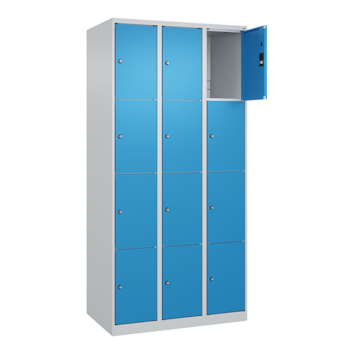 C+P Schließfachschrank Classic PLUS, 3 Abteile, 1850x900x500mm, 7035/5012 Innenhöhe Gefach oben (oberes 453 mm Front RAL 5012 Lichtblau