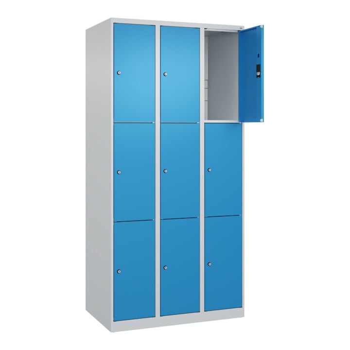 C+P Schließfachschrank Classic PLUS, 3 Abteile, 1850x900x500mm, 7035/5012 Innenhöhe Gefach oben (oberes 599 mm Front RAL 5012 Lichtblau