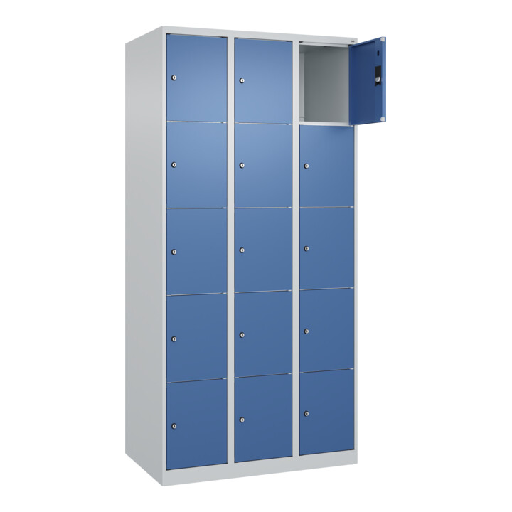 C+P Schließfachschrank Classic PLUS, 3 Abteile, 1850x900x500mm, 7035/5023 Innenhöhe Gefach oben (oberes 365 mm Front RAL 5023 Fernblau