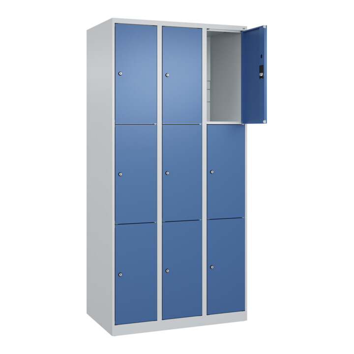 C+P Schließfachschrank Classic PLUS, 3 Abteile, 1850x900x500mm, 7035/5023 Innenhöhe Gefach oben (oberes 599 mm Front RAL 5023 Fernblau