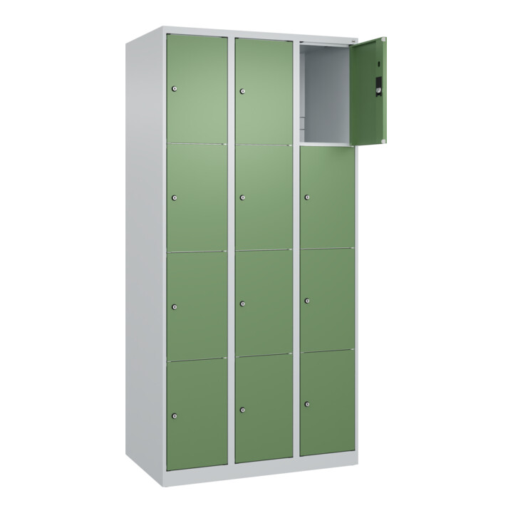 C+P Schließfachschrank Classic PLUS, 3 Abteile, 1850x900x500mm, 7035/6011 Innenhöhe Gefach oben (oberes 453 mm Front RAL 6011 Resedagrün