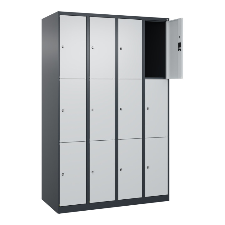 C+P Schließfachschrank Classic PLUS, 4 Abteile, 1850x1200x500mm, 7016/7035 Innenhöhe Gefach oben (oberes 599 mm Front RAL 7035 Lichtgrau