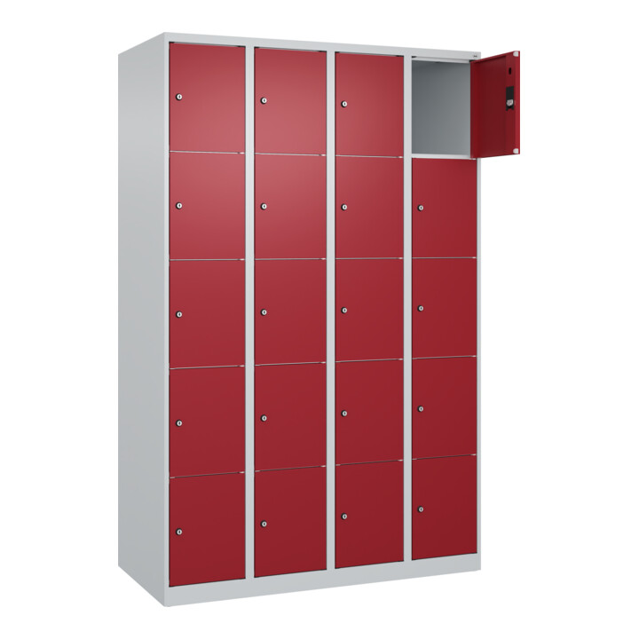 C+P Schließfachschrank Classic PLUS, 4 Abteile, 1850x1200x500mm, 7035/3003 Innenhöhe Gefach oben (oberes 365 mm Front RAL 3003 Rubinrot