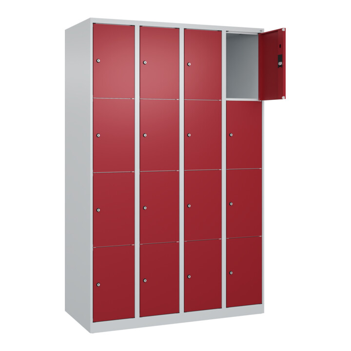 C+P Schließfachschrank Classic PLUS, 4 Abteile, 1850x1200x500mm, 7035/3003 Innenhöhe Gefach oben (oberes 453 mm Front RAL 3003 Rubinrot