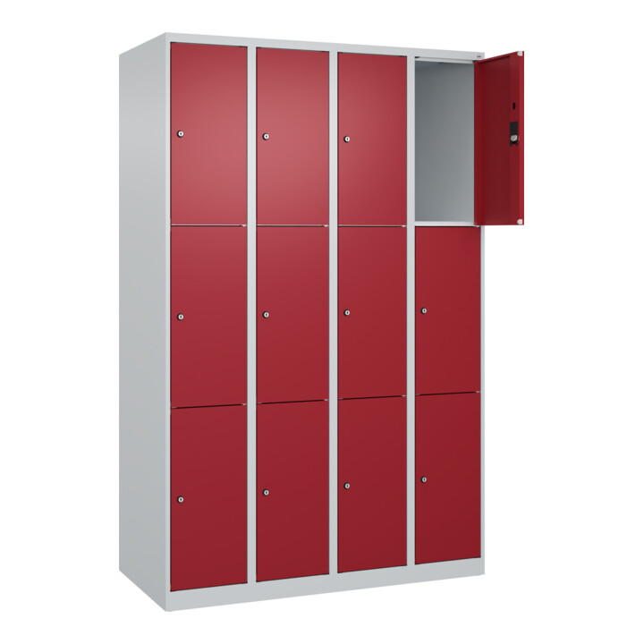 C+P Schließfachschrank Classic PLUS, 4 Abteile, 1850x1200x500mm, 7035/3003 Innenhöhe Gefach oben (oberes 599 mm Front RAL 3003 Rubinrot