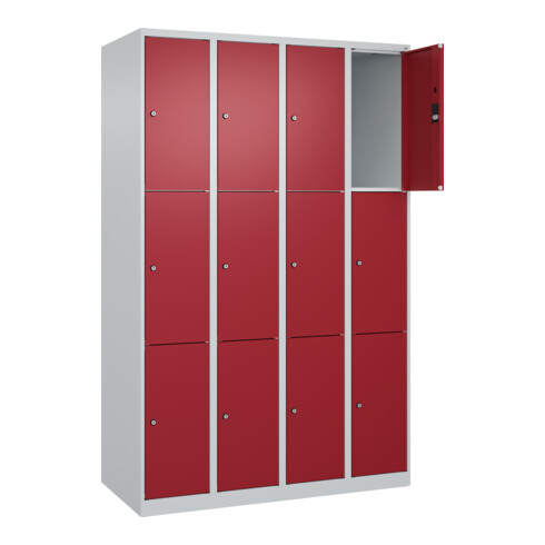 C+P Schließfachschrank Classic PLUS, 4 Abteile, 1850x1200x500mm, 7035/3003 Innenhöhe Gefach oben (oberes 599 mm Front RAL 3003 Rubinrot