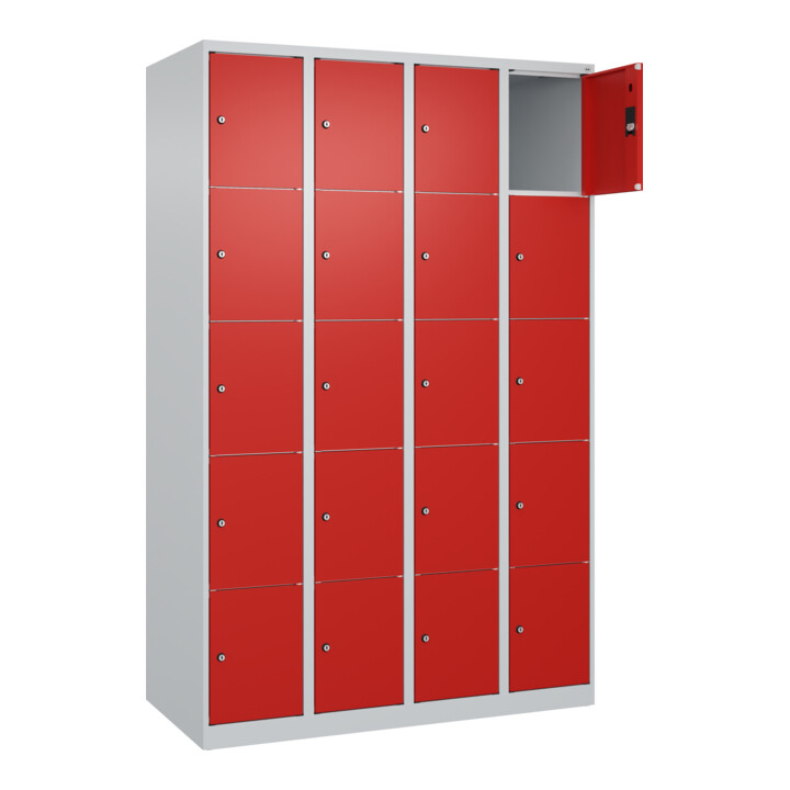 C+P Schließfachschrank Classic PLUS, 4 Abteile, 1850x1200x500mm, 7035/3020 Innenhöhe Gefach oben (oberes 365 mm Front RAL 3020 Verkehrsrot