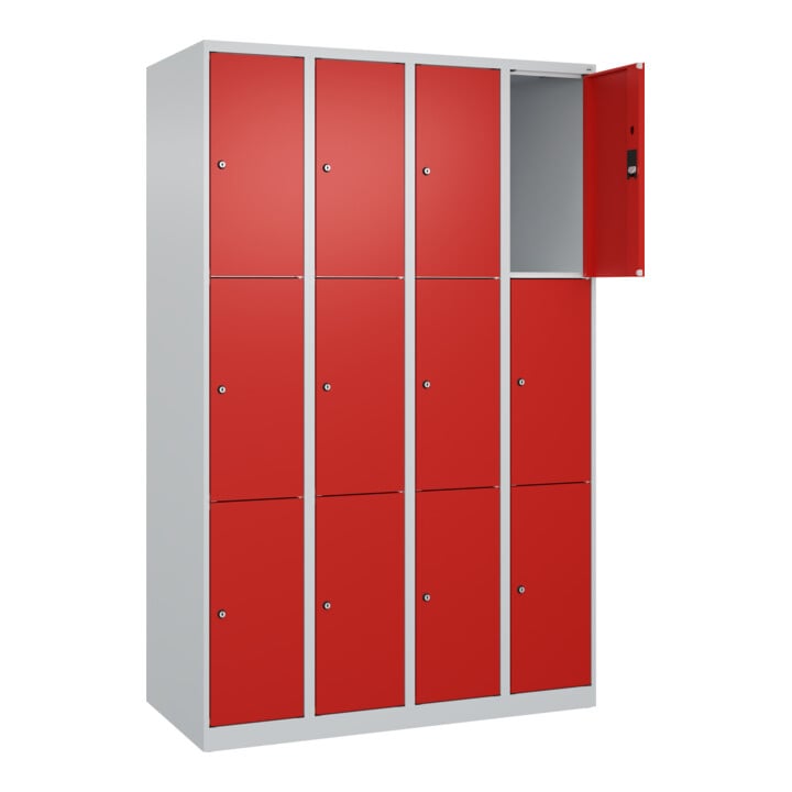 C+P Schließfachschrank Classic PLUS, 4 Abteile, 1850x1200x500mm, 7035/3020 Innenhöhe Gefach oben (oberes 599 mm Front RAL 3020 Verkehrsrot