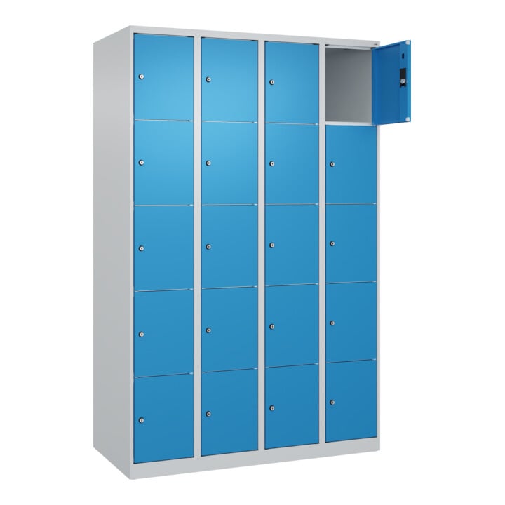 C+P Schließfachschrank Classic PLUS, 4 Abteile, 1850x1200x500mm, 7035/5012 Innenhöhe Gefach oben (oberes 365 mm Front RAL 5012 Lichtblau