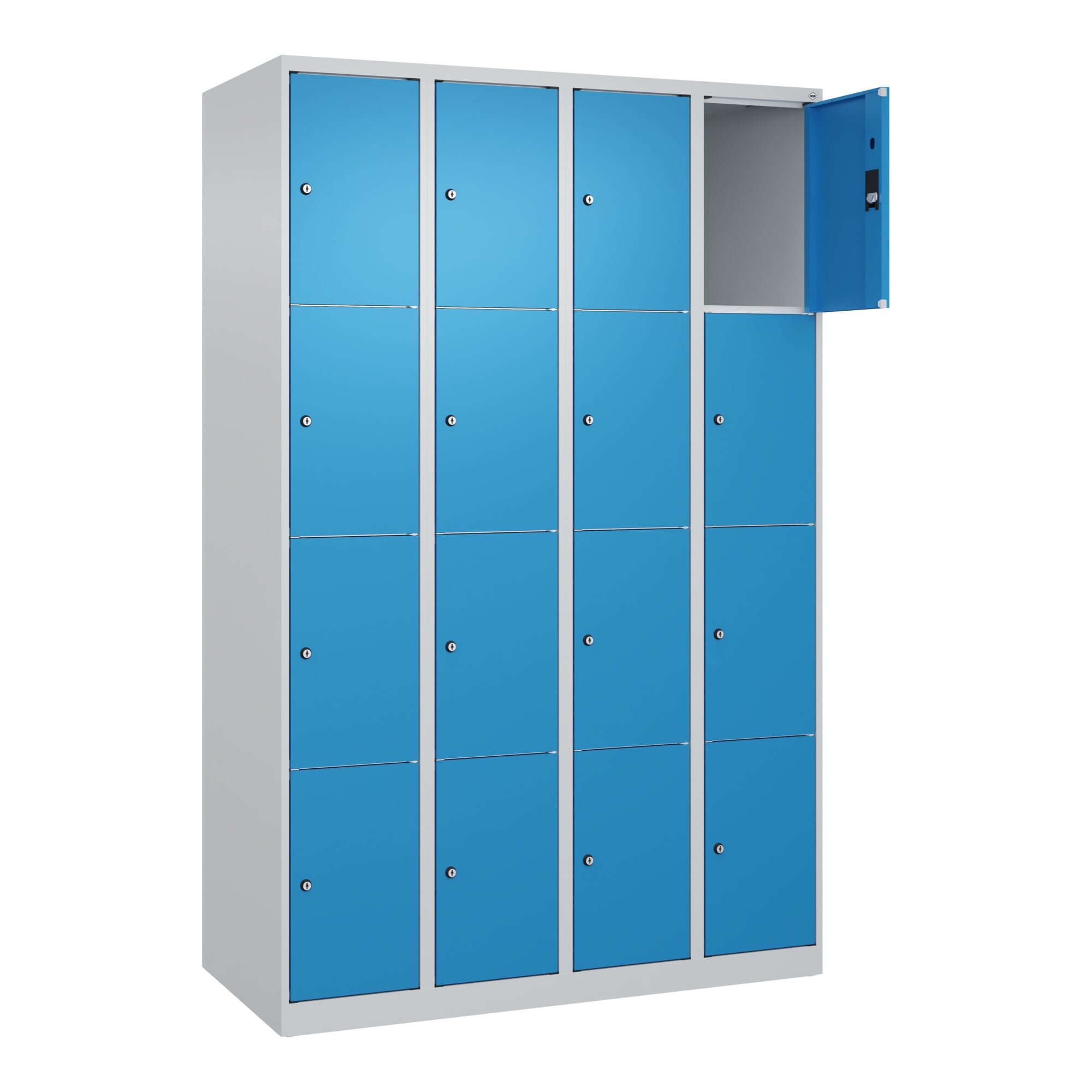 C+P Schließfachschrank Classic PLUS, 4 Abteile, 1850x1200x500mm, 7035/5012 Innenhöhe Gefach oben (oberes 453 mm Front RAL 5012 Lichtblau ; C + P Möbel