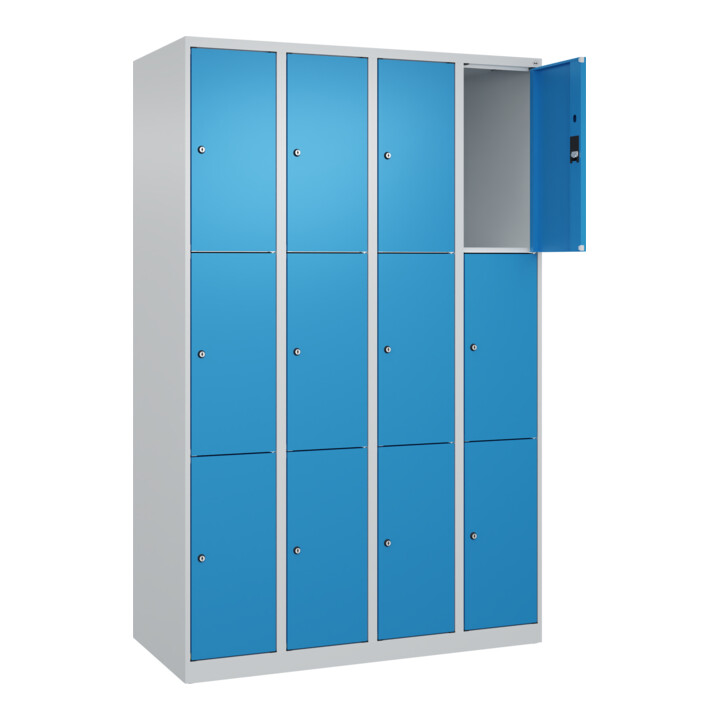 C+P Schließfachschrank Classic PLUS, 4 Abteile, 1850x1200x500mm, 7035/5012 Innenhöhe Gefach oben (oberes 599 mm Front RAL 5012 Lichtblau