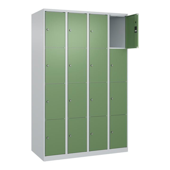 C+P Schließfachschrank Classic PLUS, 4 Abteile, 1850x1200x500mm, 7035/6011 Innenhöhe Gefach oben (oberes 453 mm Front RAL 6011 Resedagrün