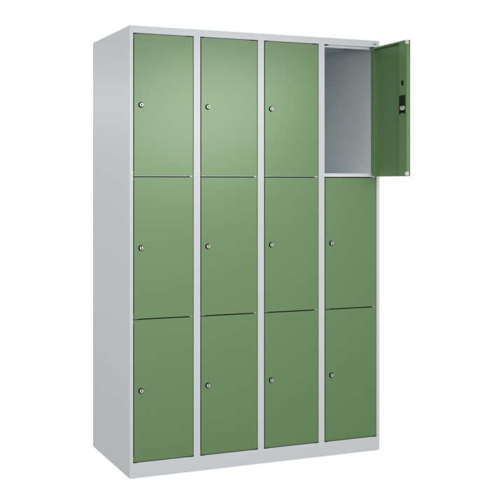 C+P Schließfachschrank Classic PLUS, 4 Abteile, 1850x1200x500mm, 7035/6011 Innenhöhe Gefach oben (oberes 599 mm Front RAL 6011 Resedagrün