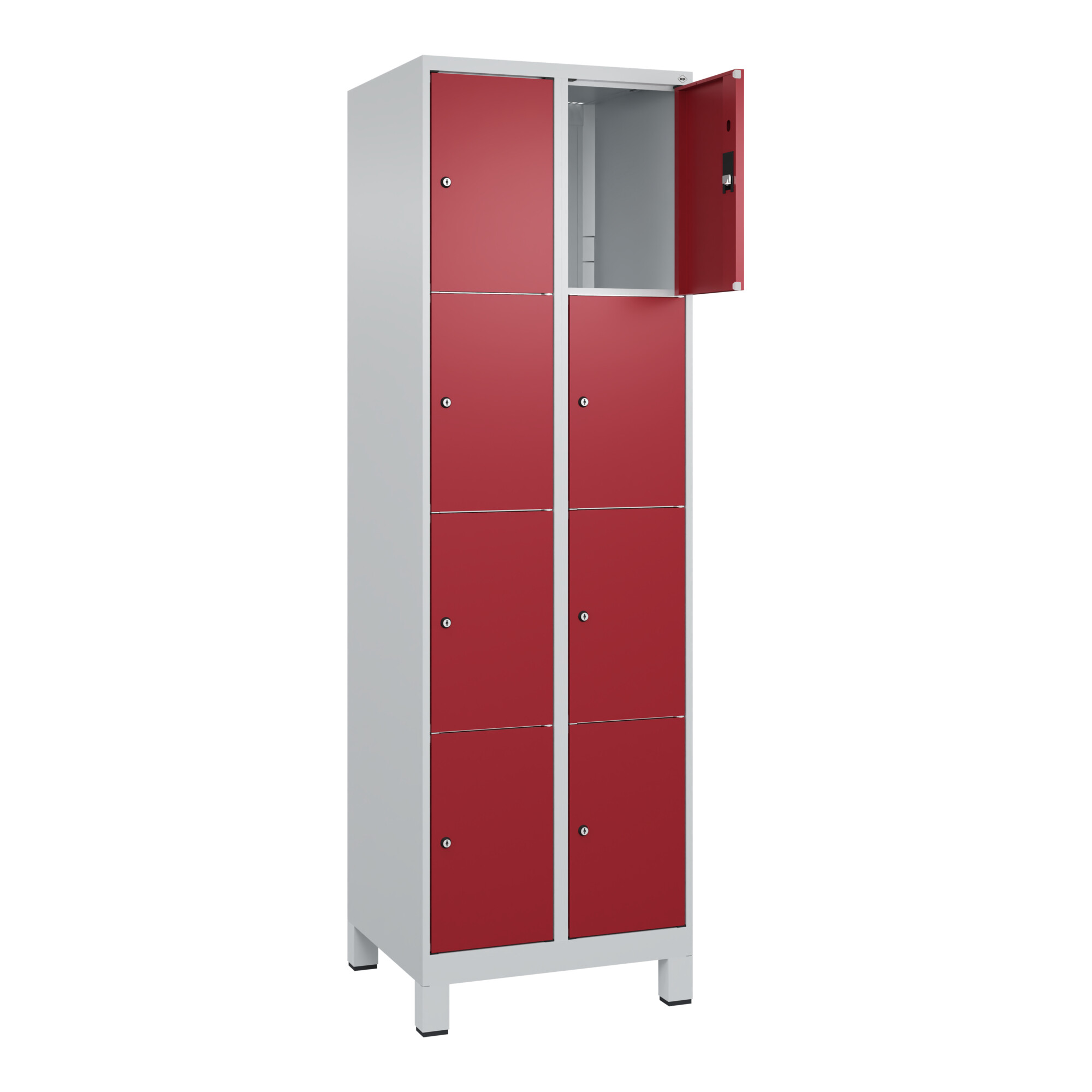 C+P Schließfachschrank Classic PLUS, Füße, 2 Abteile, 1950x600x500mm, 7035/3003 Innenhöhe Gefach oben (oberes 453 mm Front RAL 3003 Rubinrot ; C + P M