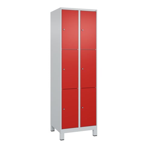 C+P Schließfachschrank Classic PLUS, Füße, 2 Abteile, 1950x600x500mm, 7035/3020 Innenhöhe Gefach oben (oberes 599 mm Front RAL 3020 Verkehrsrot