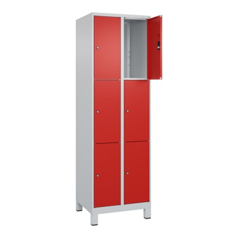 C+P Schließfachschrank Classic PLUS, Füße, 2 Abteile, 1950x600x500mm, 7035/3020 Innenhöhe Gefach oben (oberes 599 mm Front RAL 3020 Verkehrsrot