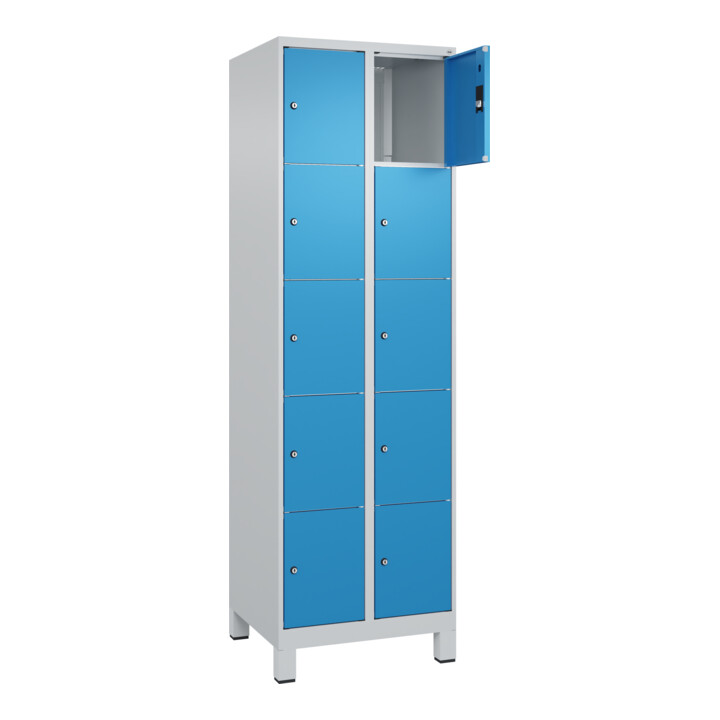C+P Schließfachschrank Classic PLUS, Füße, 2 Abteile, 1950x600x500mm, 7035/5012 Innenhöhe Gefach oben (oberes 365 mm Front RAL 5012 Lichtblau