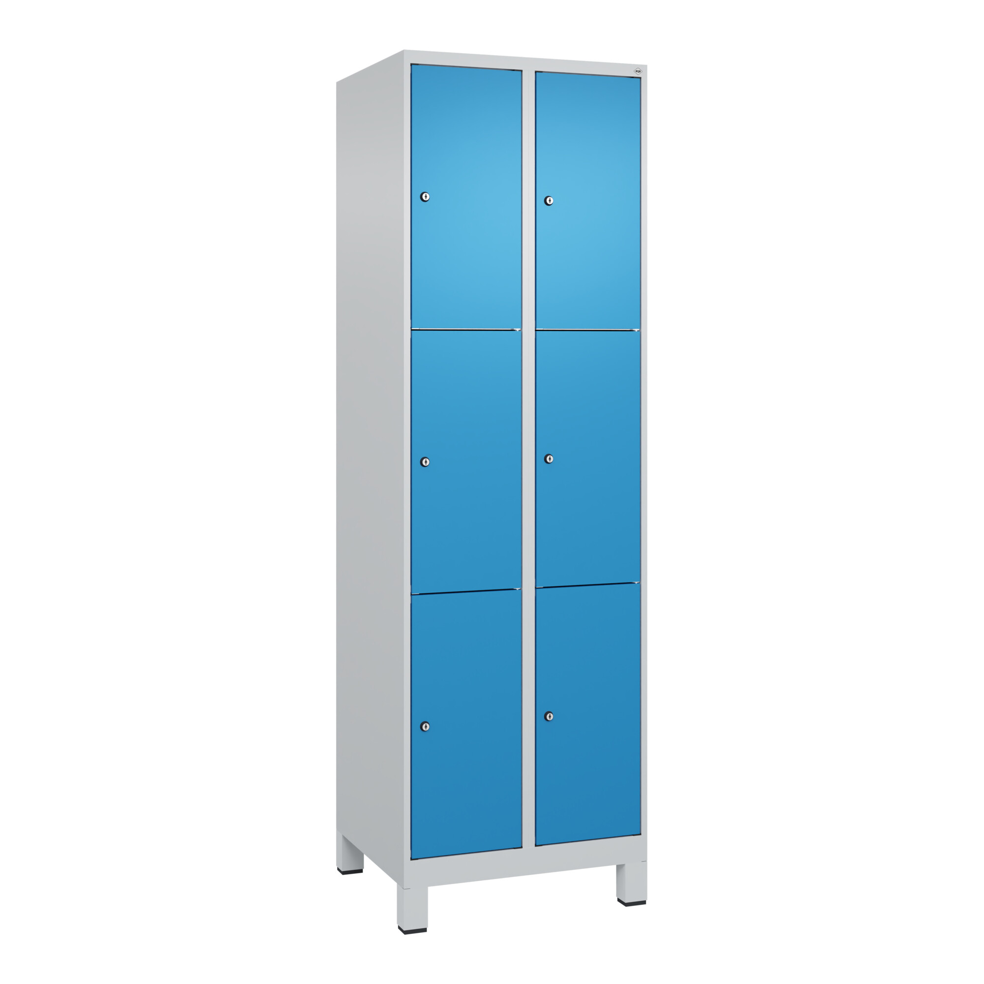 C+P Schließfachschrank Classic PLUS, Füße, 2 Abteile, 1950x600x500mm, 7035/5012 Innenhöhe Gefach oben (oberes 599 mm Front RAL 5012 Lichtblau ; C + P