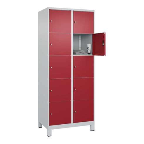 C+P Schließfachschrank Classic PLUS, Füße, 2 Abteile, 1950x800x500mm, 7035/3003 Innenhöhe Gefach oben (oberes 365 mm Front RAL 3003 Rubinrot