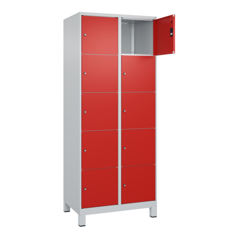 C+P Schließfachschrank Classic PLUS, Füße, 2 Abteile, 1950x800x500mm, 7035/3020 Innenhöhe Gefach oben (oberes 365 mm Front RAL 3020 Verkehrsrot