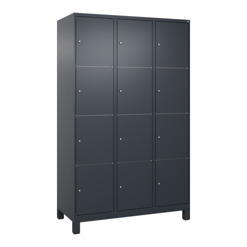 C+P Schließfachschrank Classic PLUS, Füße, 3 Abteile, 1950x1200x500mm, 7016/7016 Innenhöhe Gefach oben (oberes 453 mm Front RAL 7016 Anthrazitgrau