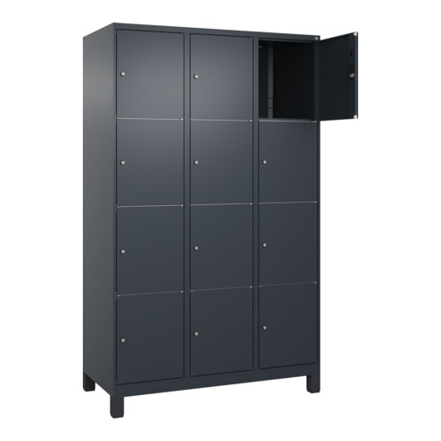 C+P Schließfachschrank Classic PLUS, Füße, 3 Abteile, 1950x1200x500mm, 7016/7016 Innenhöhe Gefach oben (oberes 453 mm Front RAL 7016 Anthrazitgrau