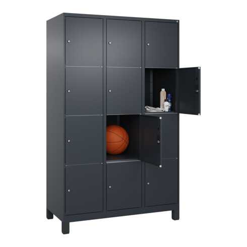 C+P Schließfachschrank Classic PLUS, Füße, 3 Abteile, 1950x1200x500mm, 7016/7016 Innenhöhe Gefach oben (oberes 453 mm Front RAL 7016 Anthrazitgrau