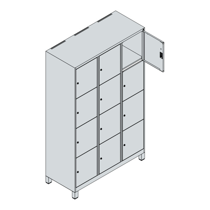 C+P Schließfachschrank Classic PLUS, Füße, 3 Abteile, 1950x1200x500mm, 7016/7035 Innenhöhe Gefach oben (oberes 453 mm Front RAL 7035 Lichtgrau