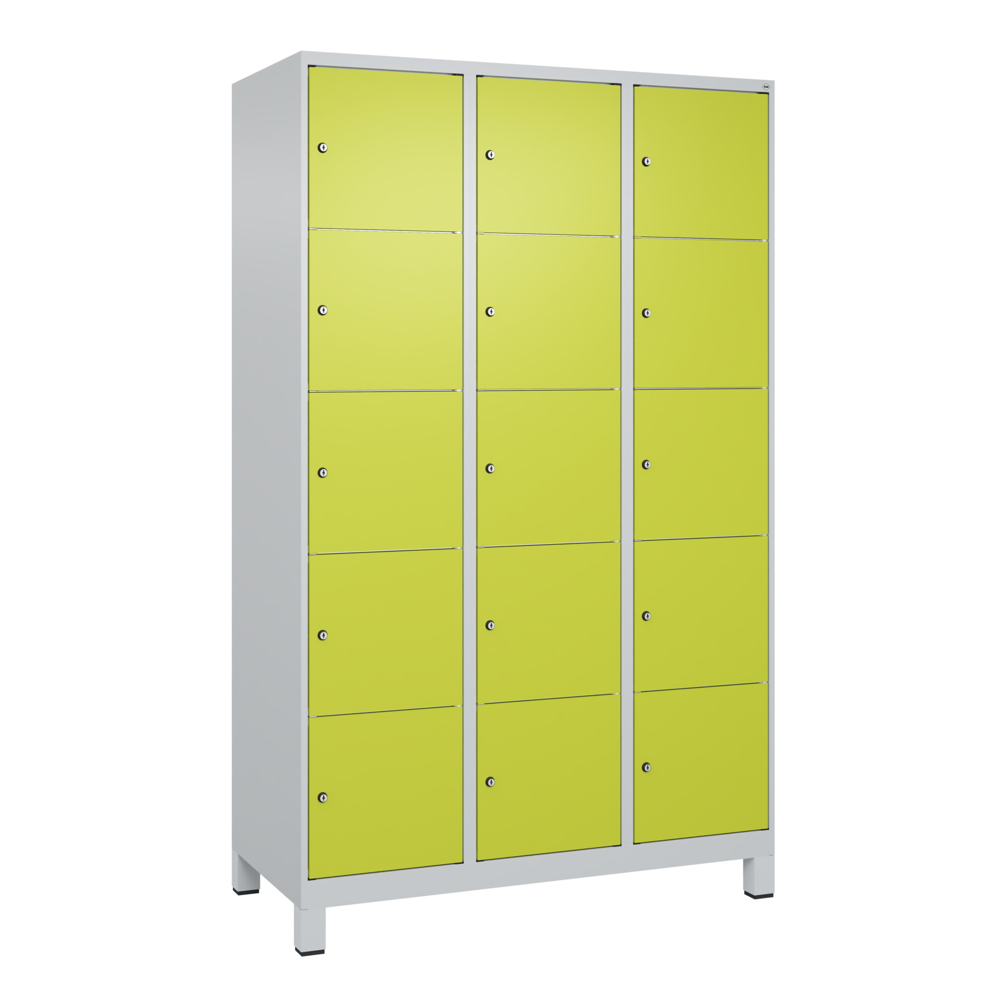C+P Schließfachschrank Classic PLUS, Füße, 3 Abteile, 1950x1200x500mm, 7035/0024 Innenhöhe Gefach oben (oberes 365 mm Front 1108060 RDS Viridingrün ;