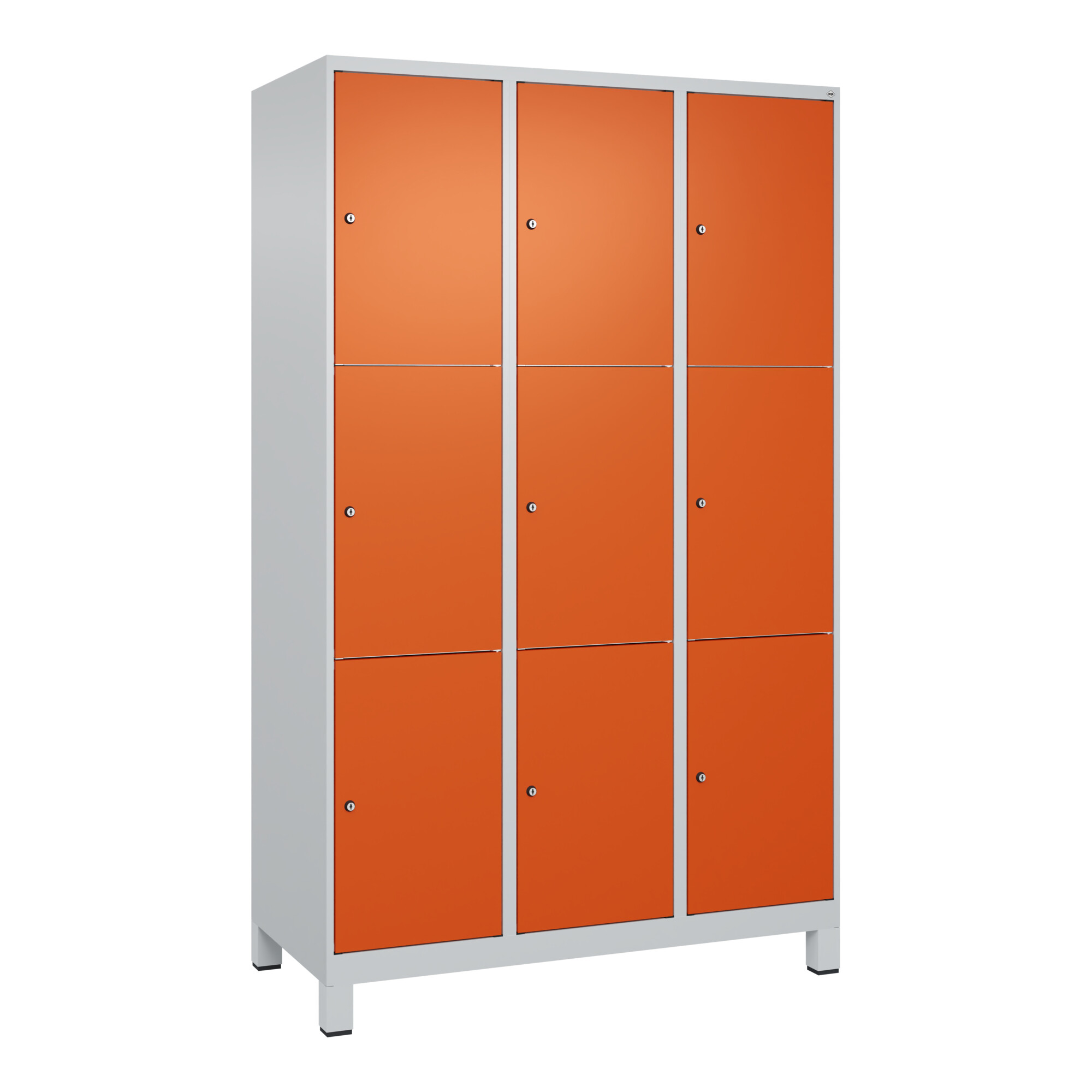 C+P Schließfachschrank Classic PLUS, Füße, 3 Abteile, 1950x1200x500mm, 7035/2004 Innenhöhe Gefach oben (oberes 599 mm Front RAL 2004 Reinorange ; C +