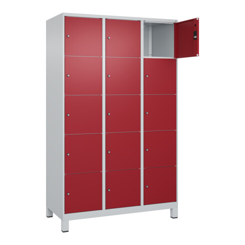 C+P Schließfachschrank Classic PLUS, Füße, 3 Abteile, 1950x1200x500mm, 7035/3003 Innenhöhe Gefach oben (oberes 365 mm Front RAL 3003 Rubinrot